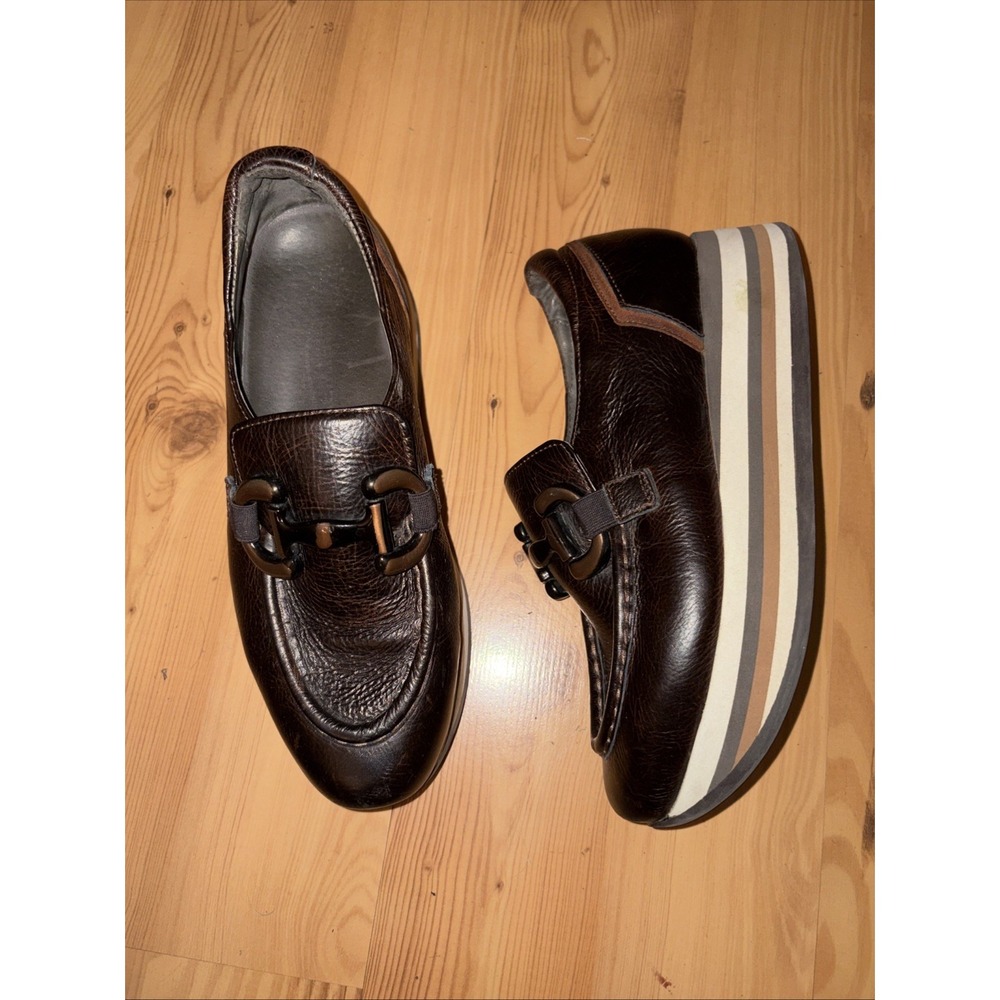 Softwaves Alina 37.5 US 7.5 Cognac Leather Platform Loafers $295 Tort Horse Bit